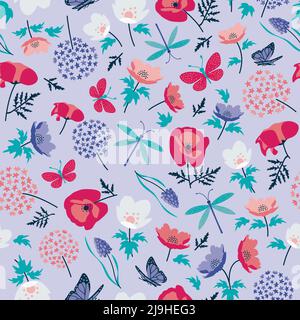 Violet Rose blanc et rouge fleurs sauvages sur fond lilas Illustration de Vecteur