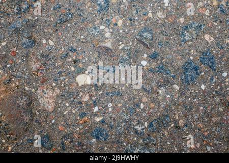 Texture de l'asphalte hackneyed ancien. Des cailloux bleutés exposés se piquant hors de l'épaisseur de l'asphalte. Banque D'Images