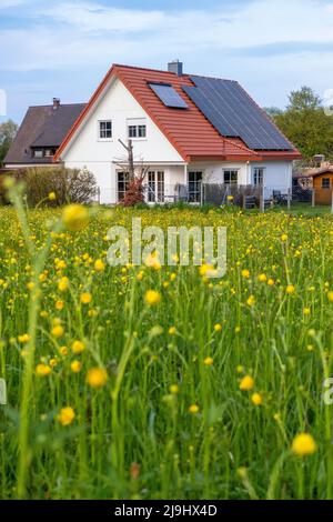 Panneaux solaires sur le toit de la maison par prairie Banque D'Images