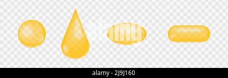 Ensemble de capsules, de gouttes et de bulles dorées brillantes. Collagène, kératine, sérum, huile cosmétique de jojoba, vitamine A ou E, bille d'acide gras oméga, gouttelettes et pilule. Illustration vectorielle réaliste Illustration de Vecteur