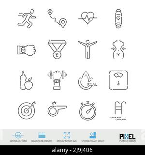 Fitness, éducation physique et sports, perte de poids lié vecteur ligne icône ensemble isolé sur blanc. Un design parfait pour les pixels. Contour modifiable. Ajuster la ligne Illustration de Vecteur