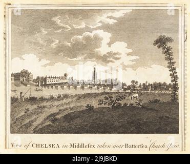 Vue sur Battersea Bridge, Chelsea Old Church, sur la Tamise, Londres, 1784. Le pont en bois de Battersea, d'une portée de 19, a été construit en 1771 par l'architecte Henry Holland. Vue de Chelsea à Middlesex prise près de Battersea Church Yard. Gravure sur plaque de coperplate de George Walpoole's New British Traveller, Alexander Hogg, Londres, 1784. Banque D'Images