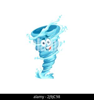 Personnage de la tornade de dessin animé, tempête, tourbillon de retordeuse ou vecteur cyclone emoji avec visage souriant heureux. Entonnoir isolé de vent d'ouragan, de bec d'eau ou de tourbillons de tornade personnage, émoticône de temps extrême Illustration de Vecteur