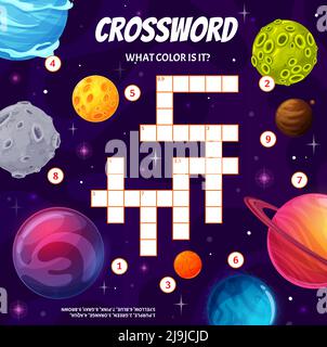 Trouvez la couleur de la planète spatiale, tableau de grille de mots croisés, jeu de quiz de recherche de mots vectoriels. L'éducation des enfants ridiculent les mots croisés pour deviner les couleurs des planètes et des astéroïdes dans l'espace de la galaxie fantaisie Illustration de Vecteur