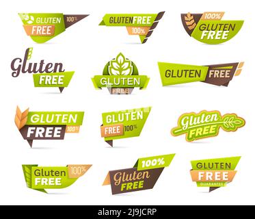 Étiquettes et icônes sans gluten. Marqueurs vectoriels ou emblèmes pour l'éco-alimentation avec oreilles de blé. Badges sans gluten de produits naturels biologiques, bio nutrition, certification de qualité supérieure garantie étiquettes isolées Illustration de Vecteur