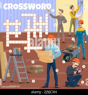 Contremaître et travailleurs. Grille de mots croisés. Trouvez un jeu de quiz de mot, une énigme de vocabulaire ou une feuille de travail de vecteur de quiz d'enfants, jouer la page d'activité avec des personnages de handyman, de constructeur et de peintre, d'ingénieur ou de contremaître Illustration de Vecteur