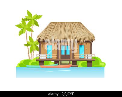 Bungalow moderne extérieur sur l'île au bord de l'eau avec des bateaux garés, architecture vectorielle. Bungalow maison avec toit de chaume de paille de roseaux, cabane d'habitation sur la rivière ou l'océan, chalet tropical avec palmiers Illustration de Vecteur