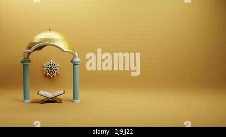 3D illustration de la toile de fond des médias sociaux islamiques du dôme doré et de la décoration de la porte de la mosquée. Banque D'Images
