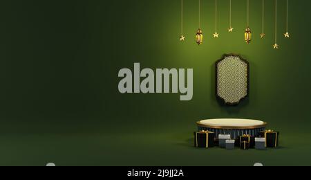 3D rendu de l'histoire islamique, modèle de poste de vente islamique avec podium 3D, publicité dans les médias sociaux. Banque D'Images