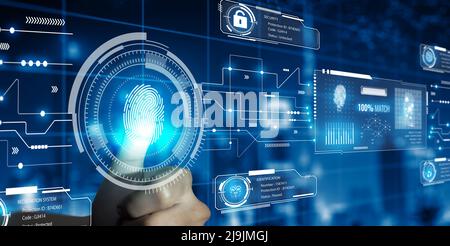 Homme d'affaires utilisant la technologie de numérisation Fingerprint fournit un accès sécurisé. Vérification technologique avancée future et cybernétique. Biométrie. Banque D'Images