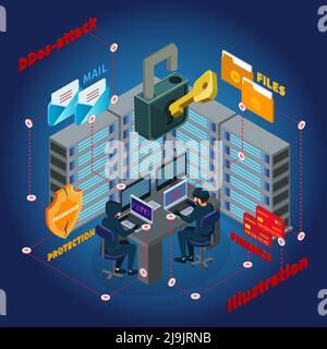 Modèle d'attaque DDoS de serveur isométrique avec protection des fichiers personnels de messagerie illustration du vecteur de piratage d'informations financières et personnelles Illustration de Vecteur