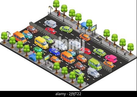 Concept isométrique d'embouteillage avec différentes voitures sur les arbres routiers et les personnes qui marchent ont isolé l'illustration vectorielle Illustration de Vecteur