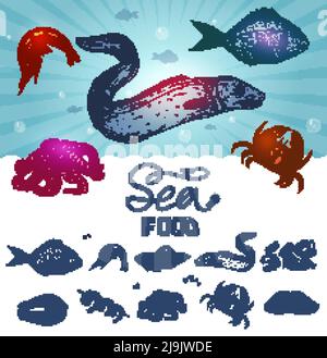 Fruits de mer dessinés à la main avec design et set de vie sous-marine d'icônes monochromes illustration vectorielle isolée Illustration de Vecteur