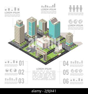 Bâtiments de bureau infographies isométriques avec gratte-ciel et usines routes et graphiques de transport et illustration vectorielle de texte Illustration de Vecteur