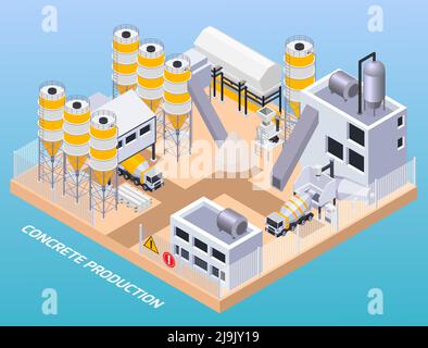 Production de ciment de béton composition isométrique du texte et au-dessus de la vue de site industriel avec illustration vectorielle de bâtiments d'usine Illustration de Vecteur