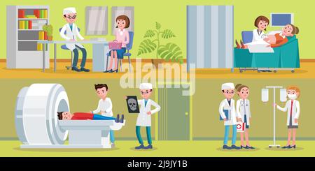 Bannières horizontales de soins de santé avec médecins de consultation médicale infirmières et ultrasons Illustration vectorielle des procédures de diagnostic par rayons X IRM Illustration de Vecteur