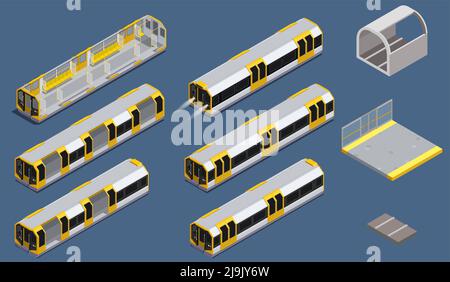 Icônes isométriques avec éléments de métro colorés isolés en bleu illustration vectorielle d'arrière-plan Illustration de Vecteur