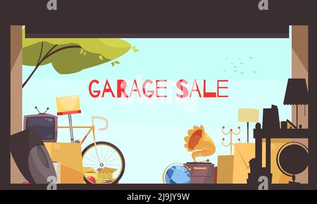 Arrière-plan de vente de garage avec TV à vélo et mobilier symboles plat illustration vectorielle Illustration de Vecteur