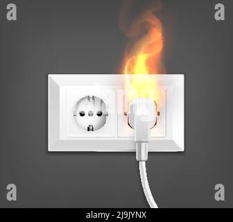 Prise électrique à combustion composition réaliste avec image de double paroi illustration d'une prise avec un vecteur d'incendie et de prise électrique Illustration de Vecteur