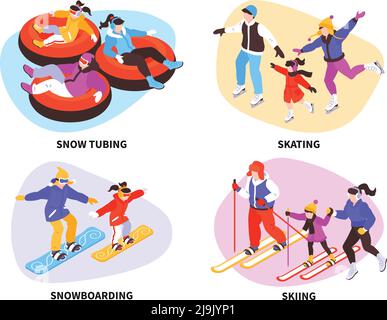 Compositions isométriques de vacances d'hiver avec texte et caractères humains dans des vêtements chauds sur ski et snowboards illustration vectorielle Illustration de Vecteur