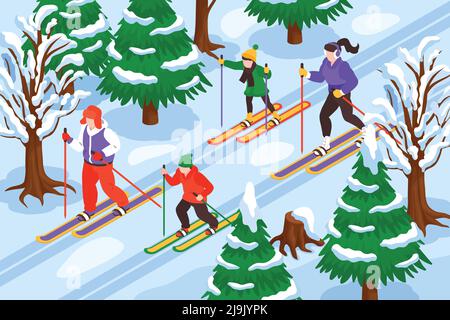 Composition isométrique de vacances de ski d'hiver avec paysage forestier et groupe des personnages adolescents qui s'exécutent sur l'illustration du vecteur de ski Illustration de Vecteur