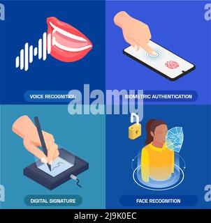 Authentification biométrique 2x2 icônes avec reconnaissance vocale faciale des empreintes digitales et l'illustration 3d à vecteur isolé isométrique de signature numérique Illustration de Vecteur