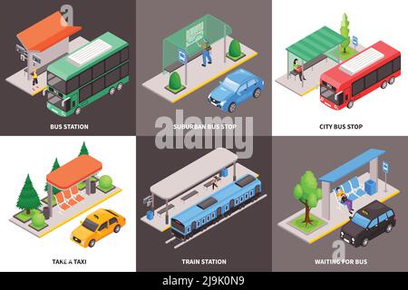 Concept d'arrêt de transport public de ville isométrique avec légendes de texte et des images de véhicules avec illustration vectorielle de passagers Illustration de Vecteur