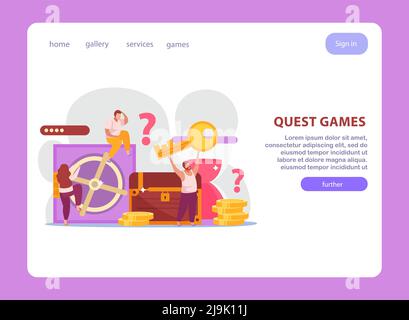 Quest jeu plat site Web conception page d'arrivée avec la composition de liens cliquables et illustration vectorielle de texte sur les images doodle Illustration de Vecteur