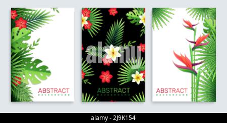 Ensemble de trois affiches verticales avec des images de papier tropical feuilles et fleurs avec illustration vectorielle de texte modifiable Illustration de Vecteur