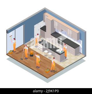Composition de nettoyage isométrique de couleur avec les nettoyants travail dans l'appartement propre l'illustration vectorielle de la cuisine Illustration de Vecteur