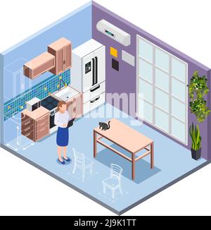 Designer professionnel travaillant dans un intérieur de cuisine moderne avec des meubles et illustration vectorielle isométrique domestique Illustration de Vecteur