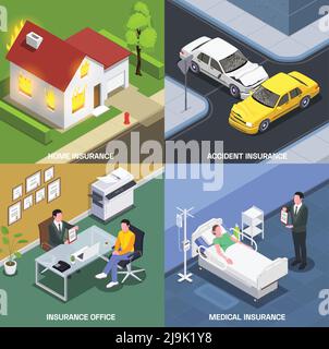 Concept de conception isométrique d'assurance avec ensemble de compositions carrées avec illustration d'un vecteur d'accident soudain et d'un hôpital de bureau d'agents Illustration de Vecteur