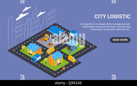 Bannière horizontale de concept de livraison isométrique avec texte du bouton Lire la suite et vue de la ville avec illustration du vecteur de transport Illustration de Vecteur