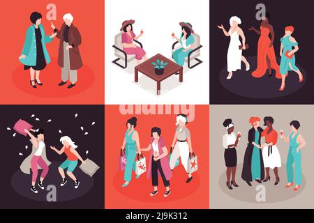 Isométrique femmes amis design concept avec des personnages féminins dans beau robe suspendue autour avec l'illustration vectorielle pour les autres dames Illustration de Vecteur