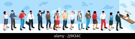 Hommes et femmes en file d'attente à la réception 3d illustration du vecteur isométrique Illustration de Vecteur