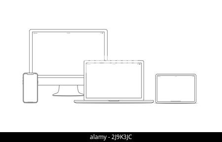 Kit de dessin de ligne de périphérique et de gadget. Ordinateur portable, smartphone, ordinateur portable et compact moderne pour le travail à domicile et au bureau. Illustration de la ligne vectorielle d Illustration de Vecteur
