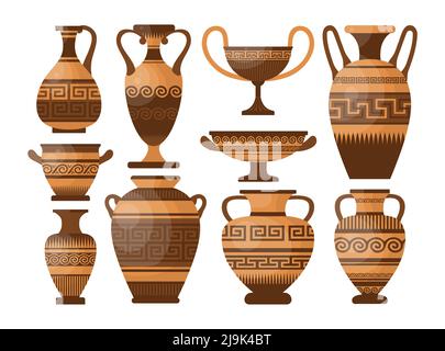 Ensemble d'illustrations de la poterie grecque antique et des vases. Amphora, bocaux, cruches et pots avec des motifs, ornement et décorations pour l'huile et les liquides. GR Illustration de Vecteur