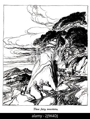 Ces montagnes de fées du livre ' RIP Van Winkle ' de Washington Irving, 1783-1859; illustré par Arthur Rackham, 1867-1939 Date de publication 1919 Editeur New York Doubleday, page 'RIP Van Winkle' est une petite histoire de l'auteur américain Washington Irving, publié pour la première fois en 1819. Il suit un villageois hollandais-américain d'Amérique coloniale nommé RIP Van Winkle, qui rencontre de mystérieux Hollandais, imbibe leur liqueur et s'endormit dans les montagnes Catskill. Il se réveille 20 ans plus tard dans un monde très changé, après avoir manqué la Révolution américaine. Banque D'Images