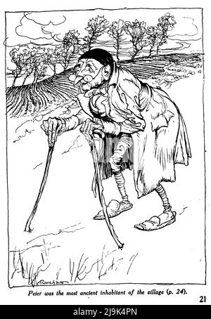 Peter était l'habitant le plus ancien du village d'après le livre ' RIP Van Winkle ' de Washington Irving, 1783-1859; Illustré par Arthur Rackham, 1867-1939 Date de publication 1919 Editeur New York Doubleday, page 'RIP Van Winkle' est une courte histoire de l'auteur américain Washington Irving, publié pour la première fois en 1819. Il suit un villageois hollandais-américain d'Amérique coloniale nommé RIP Van Winkle, qui rencontre de mystérieux Hollandais, imbibe leur liqueur et s'endormit dans les montagnes Catskill. Il se réveille 20 ans plus tard dans un monde très changé, après avoir manqué la Révolution américaine. Banque D'Images