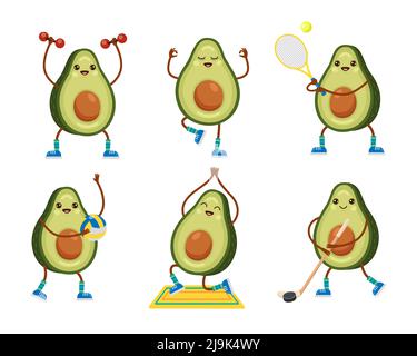 Jeu d'illustrations de dessin animé d'exercice de personnage d'avocat. Happy Fit fruit avec mignon visage jouant au ballon, tennis, hockey, football, faire du yoga, entraînement, lif Illustration de Vecteur