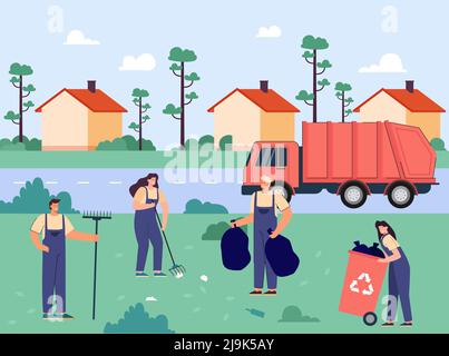 Des nettoyeurs de rue de dessin animé travaillent près de la route. Paysage urbain avec des concierges ou des balayeuses rassemblant des déchets dans des sacs et une poubelle illustration vectorielle plate Illustration de Vecteur