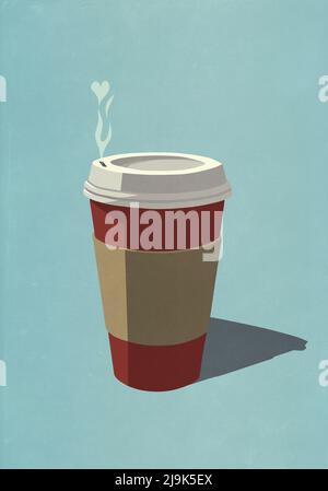 La vapeur en forme de cœur s'échappe de la tasse à café jetable Banque D'Images