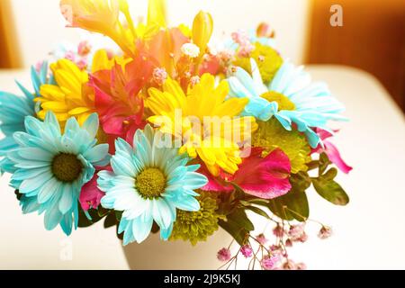 Un délicat bouquet de chrysanthèmes jaunes et bleus sur une table blanche près de la fenêtre, les rayons du soleil du matin, gros plan Banque D'Images