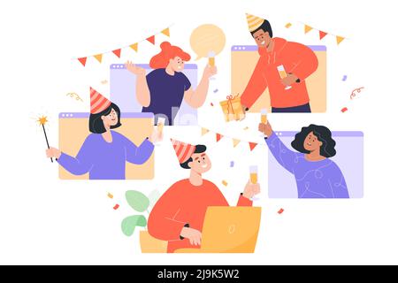 Illustration vectorielle plate en ligne pour les amis célébrant leur anniversaire. Les hommes et les femmes ayant des appels vidéo ou des conférences pendant la quarantaine. Verres à la cheville Illustration de Vecteur