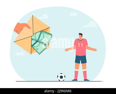 Main offrant l'argent dans l'enveloppe au joueur de football. Personne achetant ou soudoyant un professionnel de sport illustration vectorielle plate. Sports, finances, investir Illustration de Vecteur