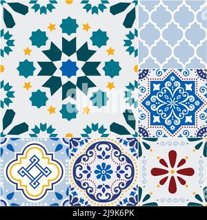 Mosaïque Azulejo portugais ou espagnol carrelage design sans couture vector motif - différentes tailles de carreaux décoration inspirée par l'art du Portugal ou de l'Espagne Illustration de Vecteur