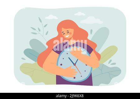 Happy girl embrassant horloge plate illustration vectorielle. Femme prenant soin de l'horaire, planification des activités. Concept de gestion du temps pour bannière, site web des Illustration de Vecteur