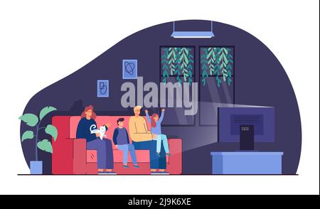 Bonne famille regardant la télévision la nuit, illustration vectorielle plate. Mère, père, enfants et chat assis sur un canapé dans la salle de séjour. Regarder la télévision ou un film, Illustration de Vecteur