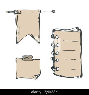 Bannière, papier à notes, livre, jeu d'illustrations de ligne d'encre de caniche. Dessin animé à la main, espace de texte. Jeu de gabarits de couleur. Arrière-plan blanc Illustration de Vecteur