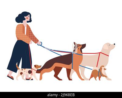 Animal de compagnie Sitter femme avec groupe de chiens Illustration de Vecteur